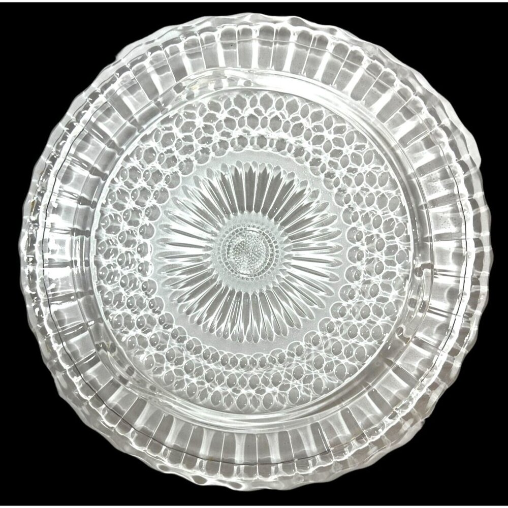 Vtg Clear Glass‎ Patterned Footed Serving Platter 11" Party Tray cake plate